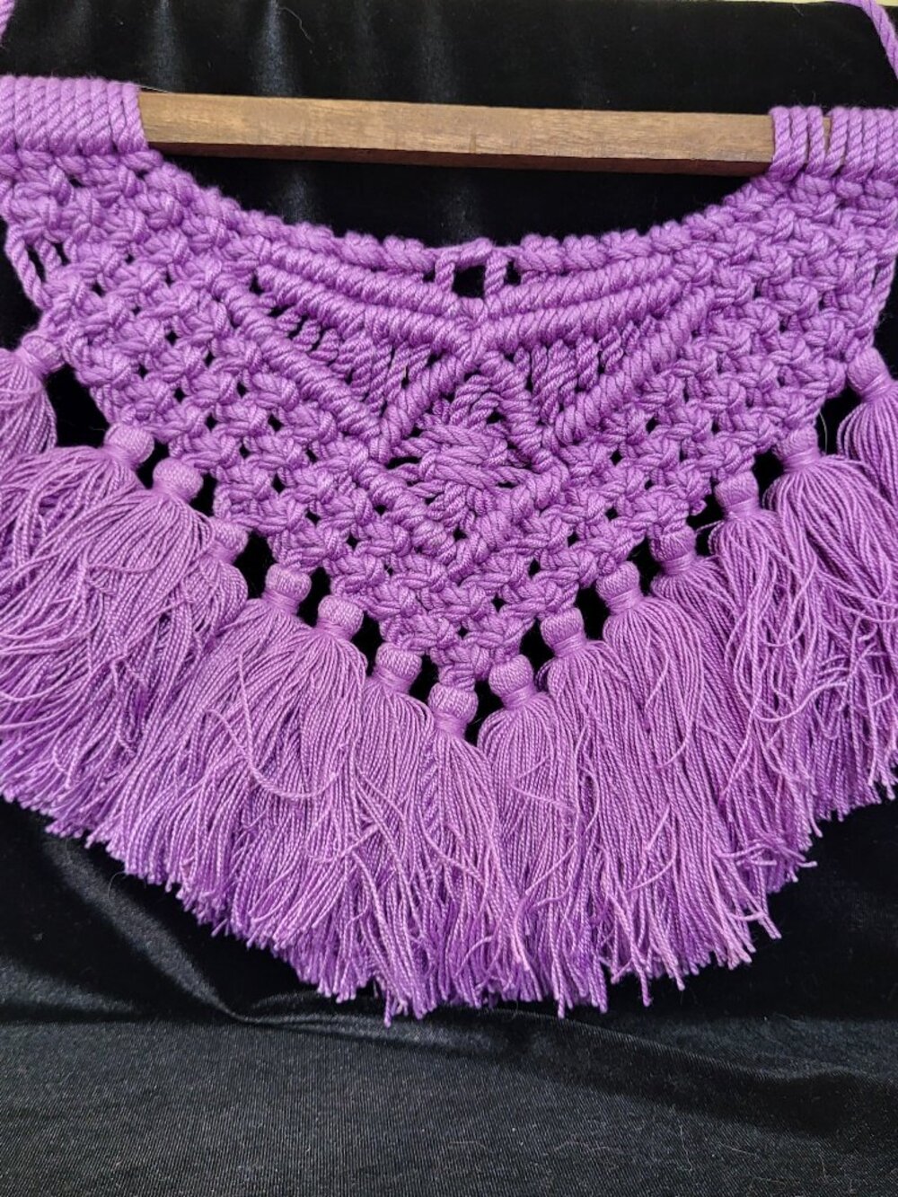 Handmade Purple Macramé Wall Hanging Boho Fiber Art Tassel Decor Lavender 12”